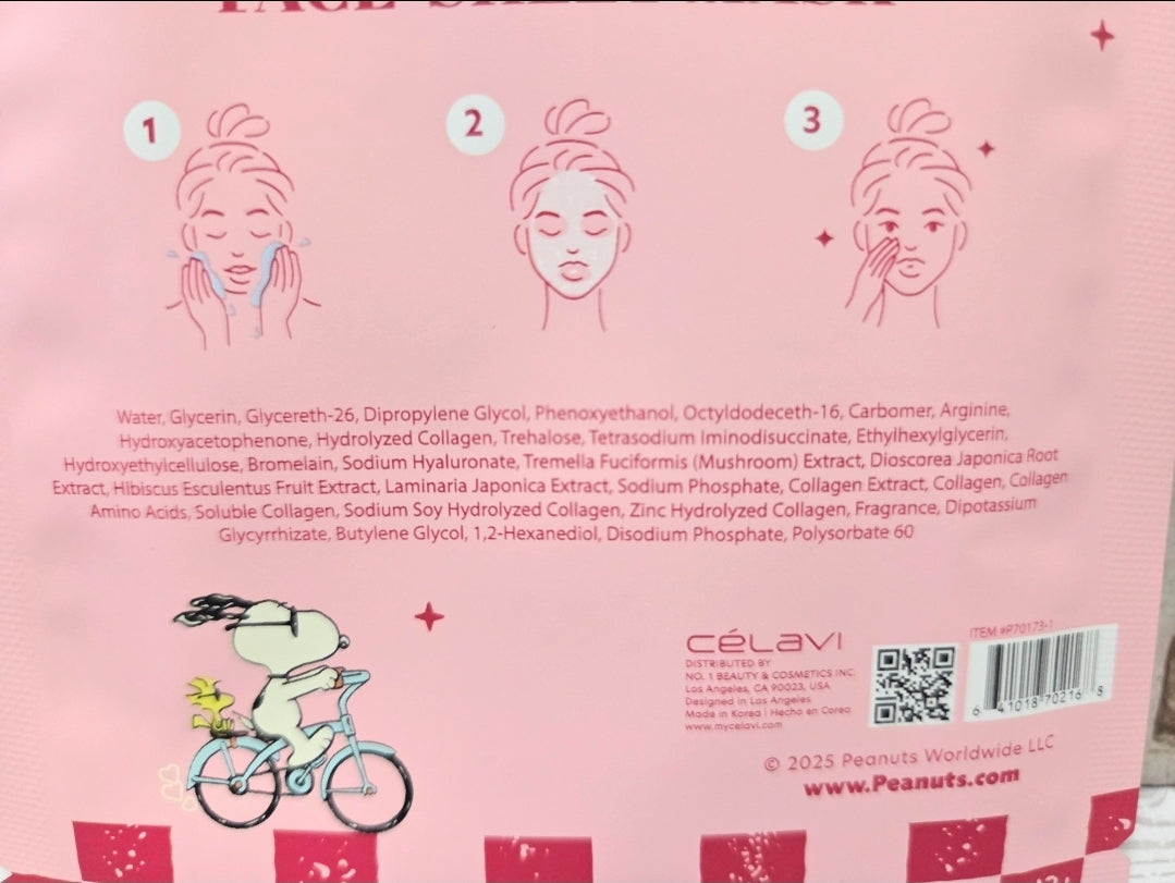 Peanuts x Célavi Snoopy Face Sheet Mask Choose Variant Self Love Collagen Berry Glow