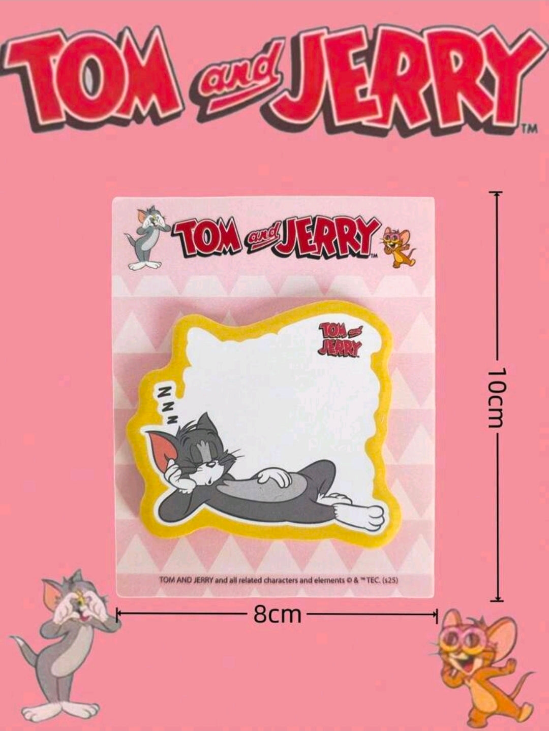 Tom & Jerry die-cut sticky note pad with sleeping Tom note, yellow border
