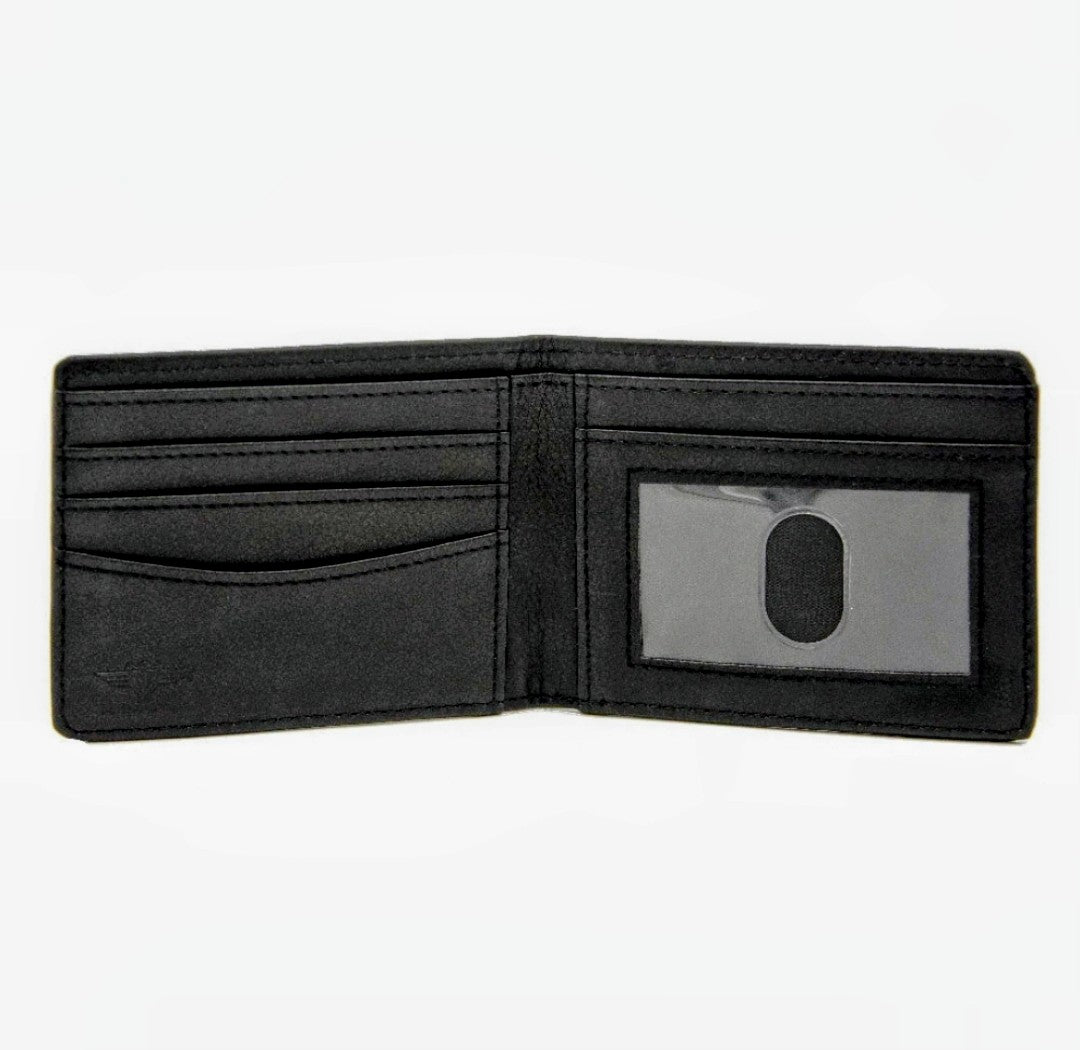 Black bi-fold wallet with multiple card slots and a central ID window.