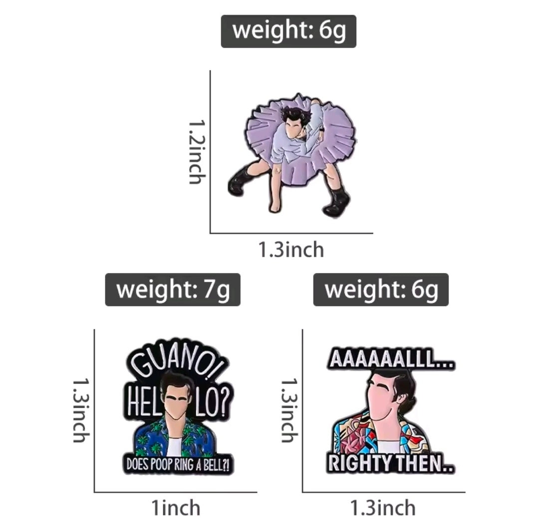Three enamel character pins set: purple cheering pose, GUANO! HELLO, RIGHTY THEN