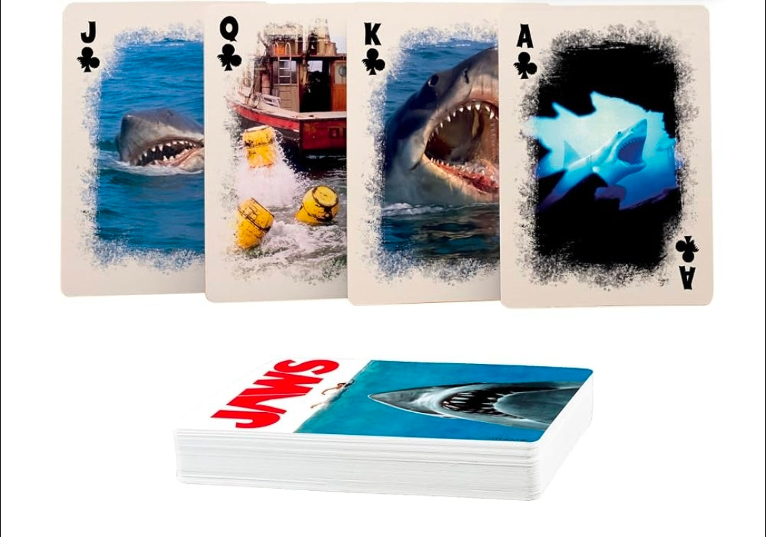 Aquarius Jaws playing cards deck showing J♣, Q♣, K♣, and A♣ shark designs