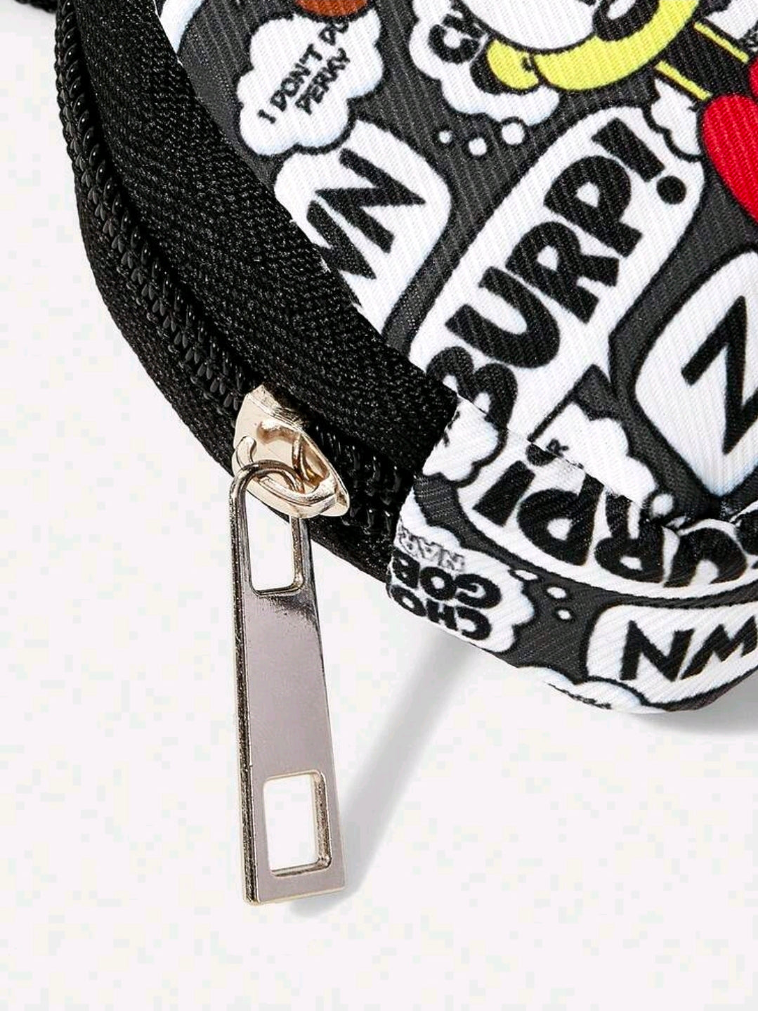 Black fabric zip pouch keychain with metal clip and comic-print graphic panel