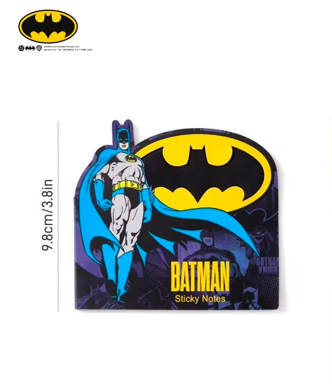 Batman sticky notes tab set in arched holder, blue and yellow character graphic