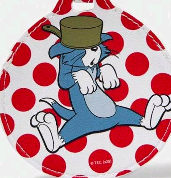 Round fabric badge pin holder bag charm with a blue cat in a hat on red polka dots