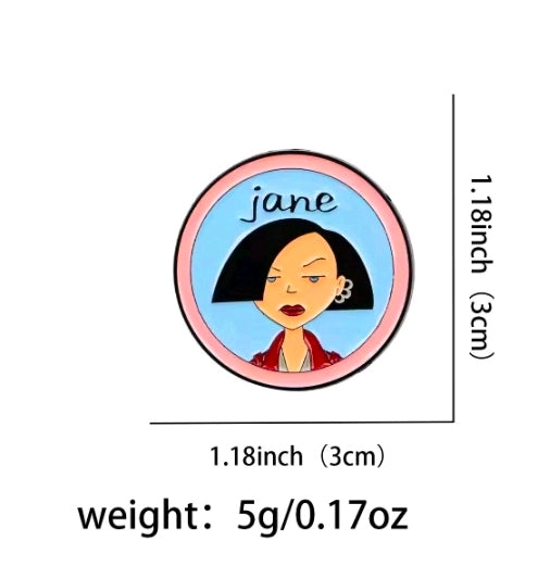 Jane character circle enamel pin with pink border and light-blue center