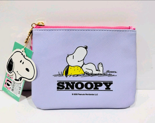 Lavender Snoopy zipper pouch with Snoopy and SNOOPY logo on front