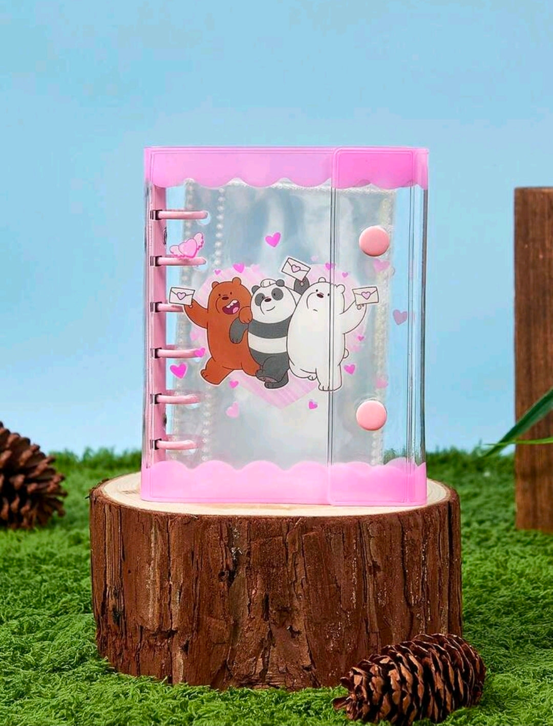 Clear PVC mini photocard binder with pink scalloped edges and snap closure, 6 rings.