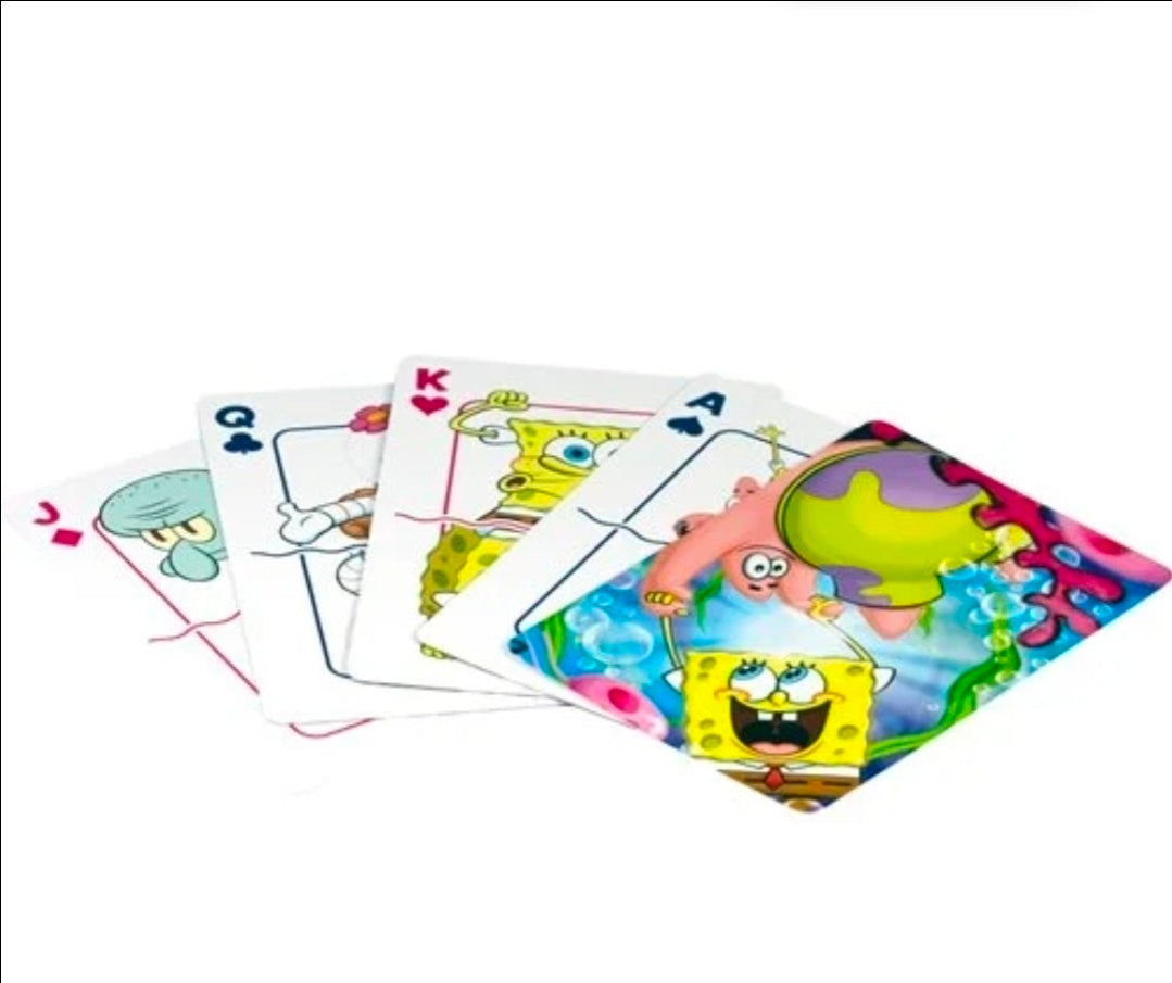 SpongeBob SquarePants playing cards fanned with character faces and suit symbols
