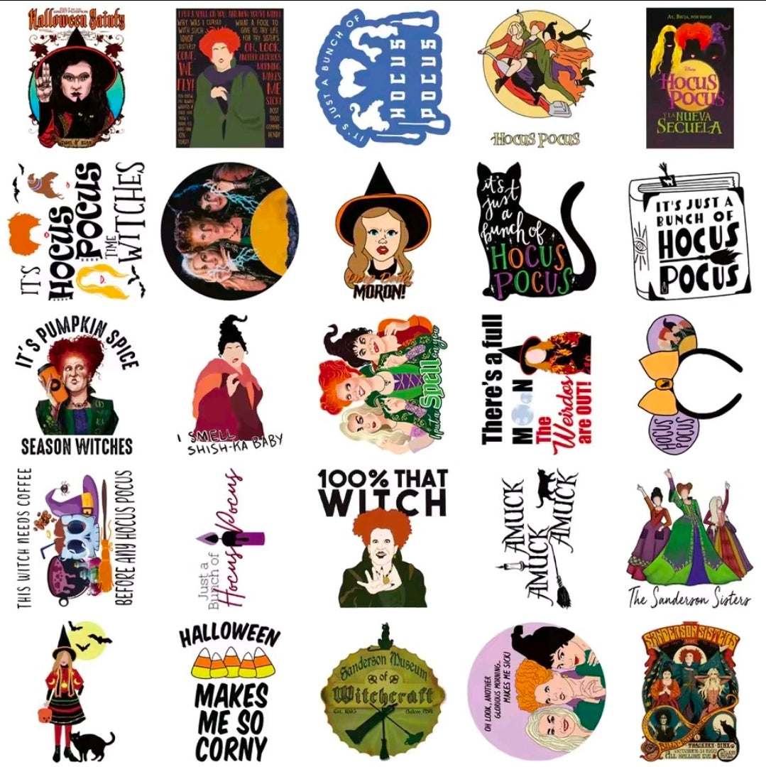 Assorted Halloween Hocus Pocus vinyl stickers with witch characters, portraits, and speech-bubble designs