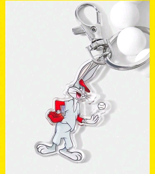 Silver keychain clip with Bugs Bunny charm and red-white baseball bead