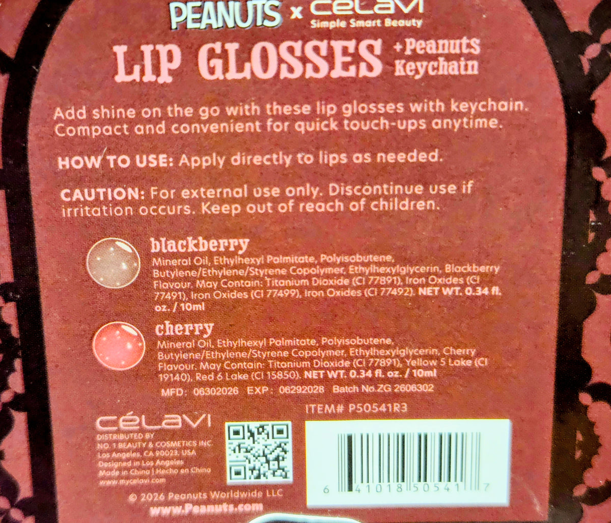 Halloween lip gloss set box with ingredient labels and barcode