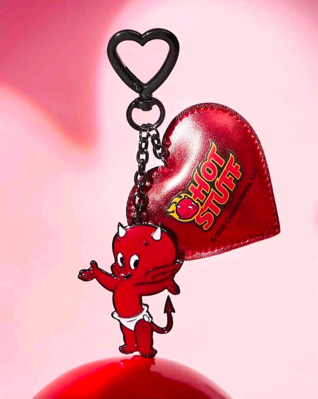 Red faux leather heart keychain with heart ring, metal chain and red devil charm