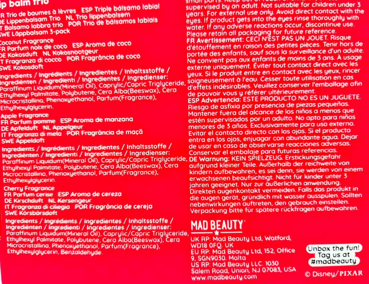 Mad Beauty lip balm trio package back label with ingredients and warnings text