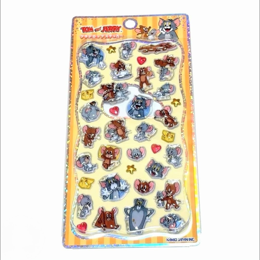 3D acrylic sticker sheet featuring Tom and Jerry style cat and mouse icons, hearts