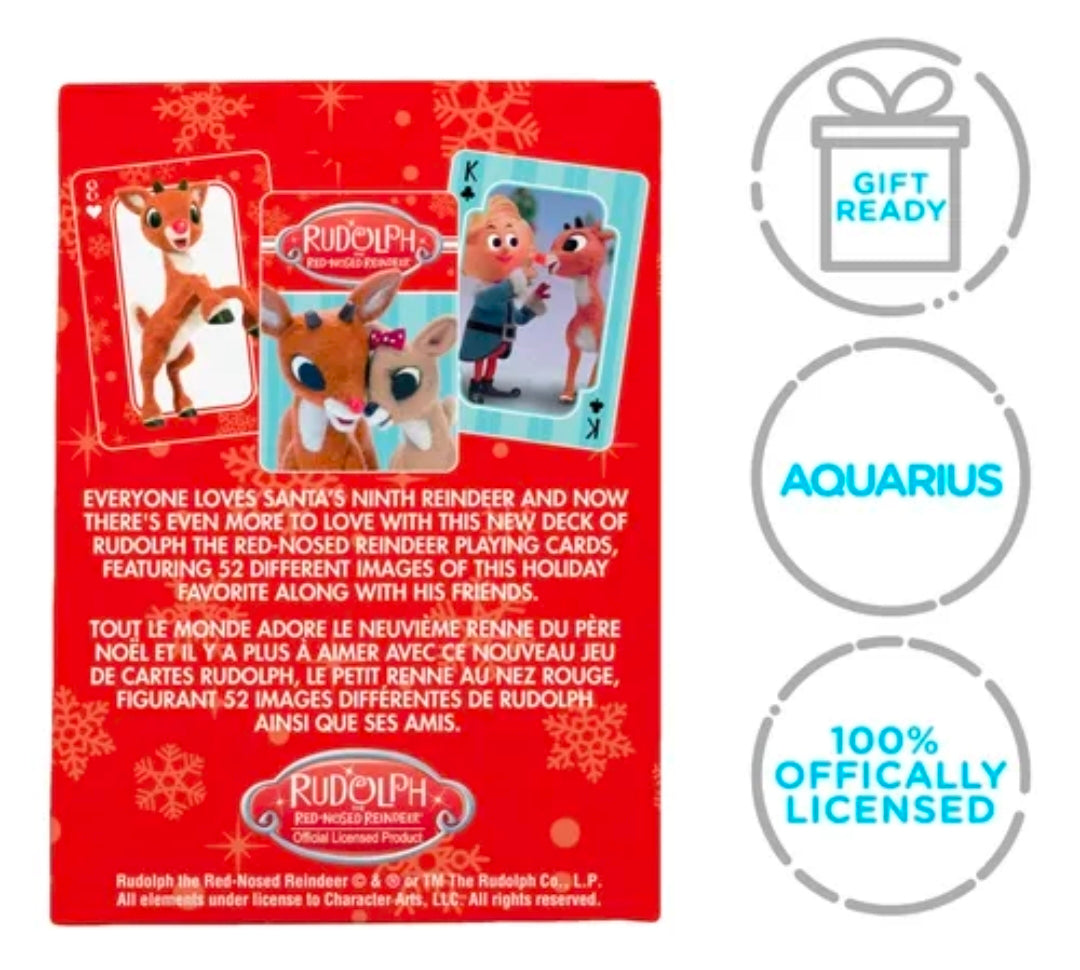 Rudolph reindeer playing card box with red character card images
