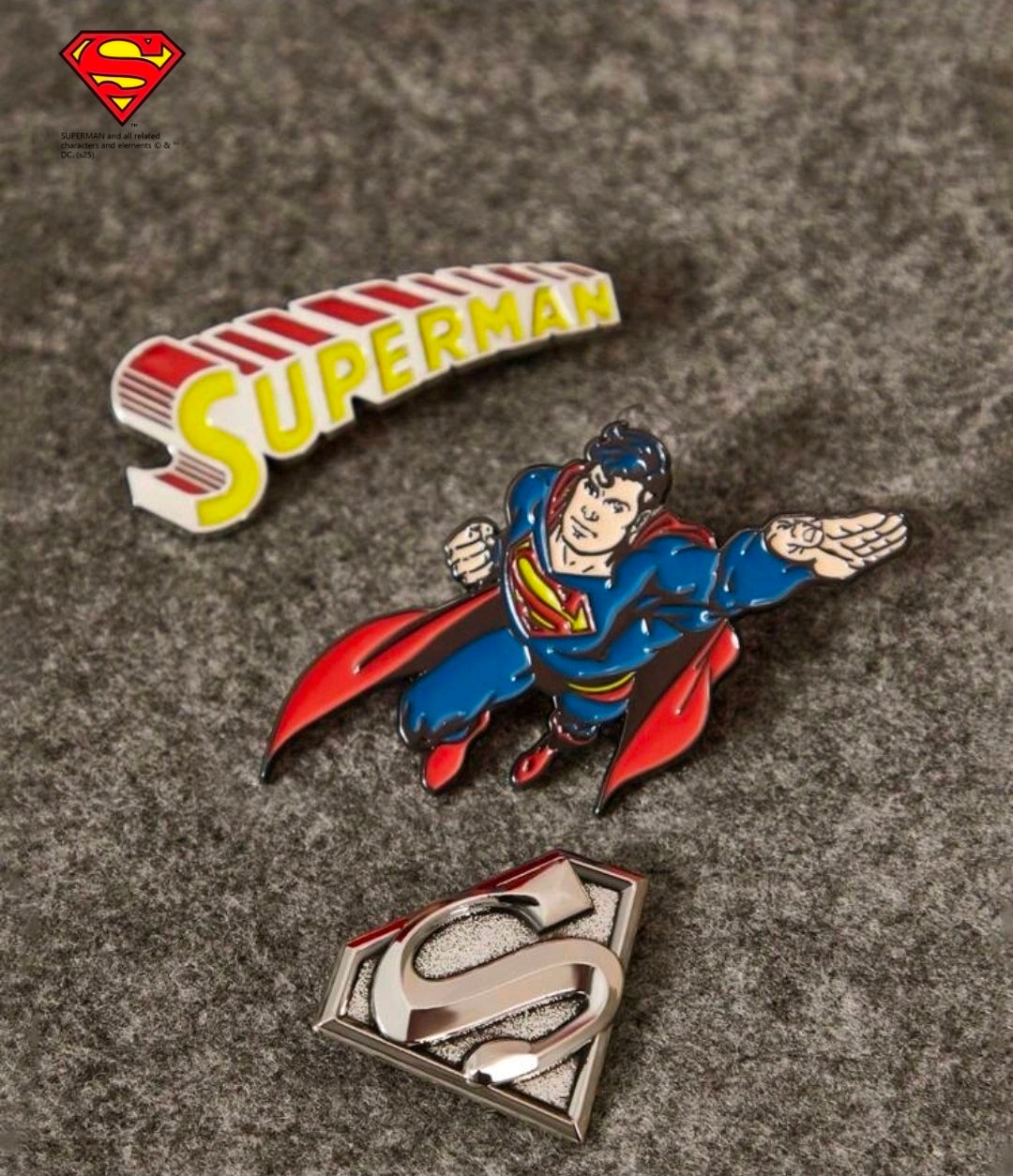Superman 3 Piece Enamel Pin Set Logo Flying Shield Licensed