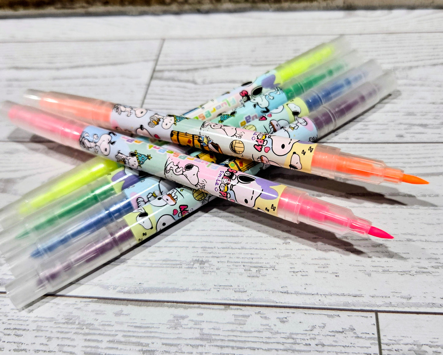 Snoopy Dual Tip Highlighter Set 6pc Fluorescent Peanuts Kawaii Stationery Chisel Fine Point Pink Orange Yellow Green Blue Purple