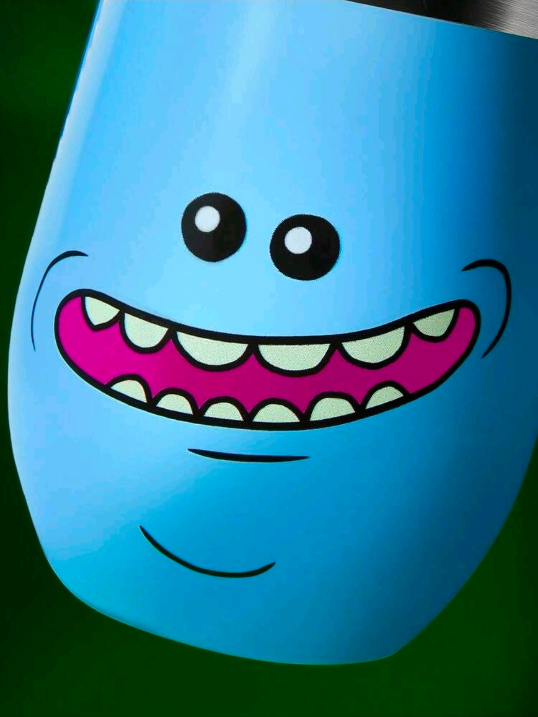 Blue Mr. Meeseeks-style insulated tumbler with cartoon face graphic and silver rim