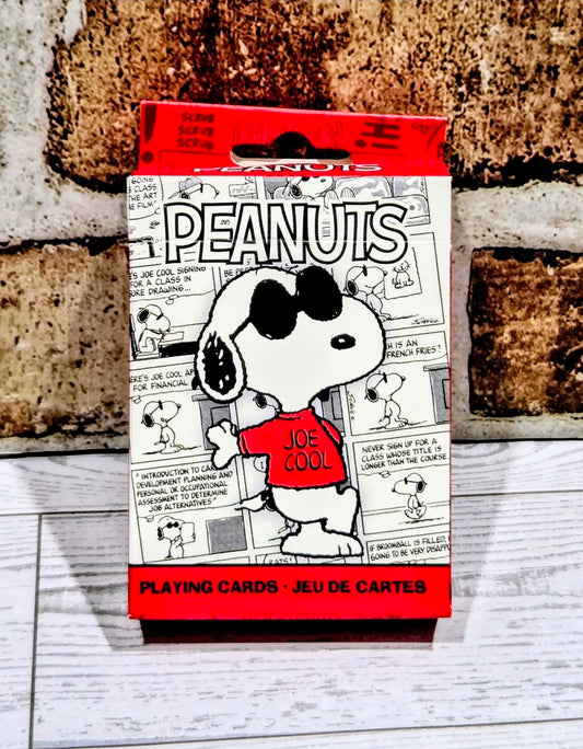 Peanuts Joe Cool Snoopy playing cards box with red top and PEANUTS text