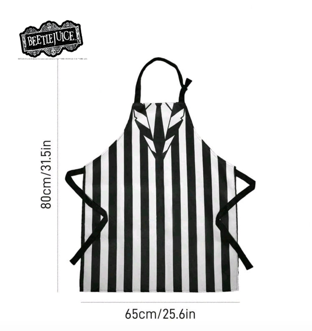 Black-and-white striped cooking apron with tie closure and jagged chest print