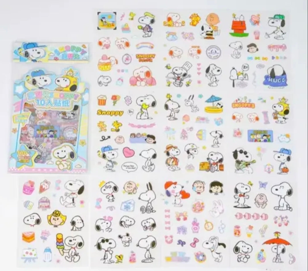 Sticker sheet set featuring Snoopy characters and small icons in a grid