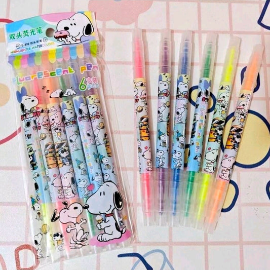Snoopy Dual Tip Highlighter Set 6pc Fluorescent Peanuts Kawaii Stationery Chisel Fine Point Pink Orange Yellow Green Blue Purple