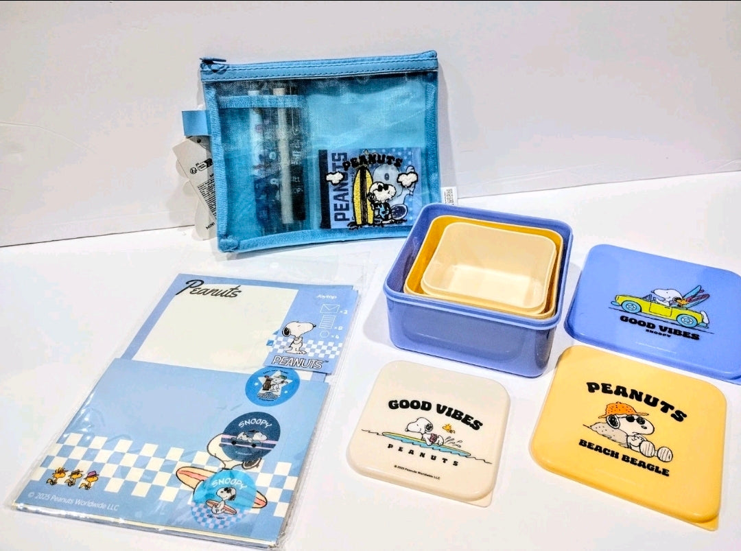 Blue mesh zipper pouch with Peanuts Snoopy surfboard graphic on the front