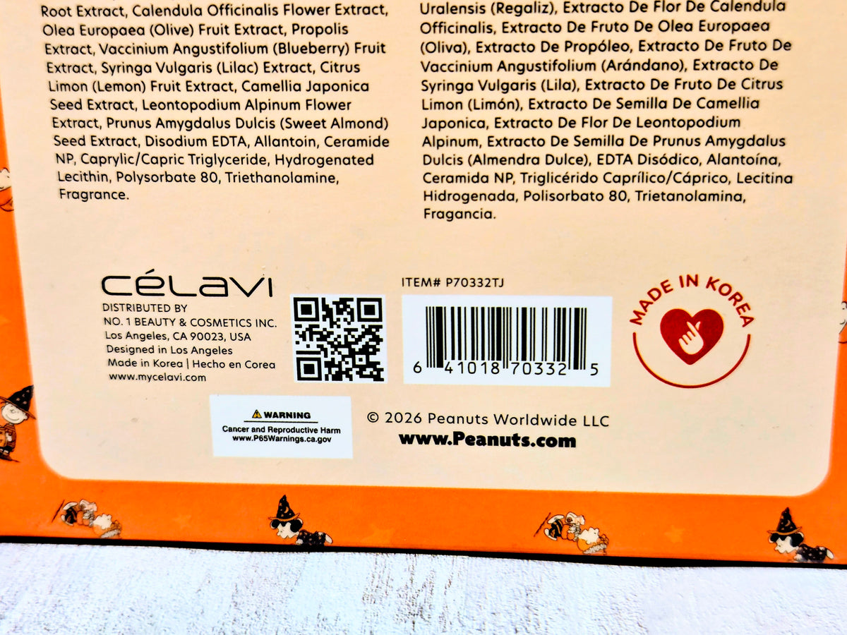 Célavi Peanuts gift set back label with ingredients and barcode