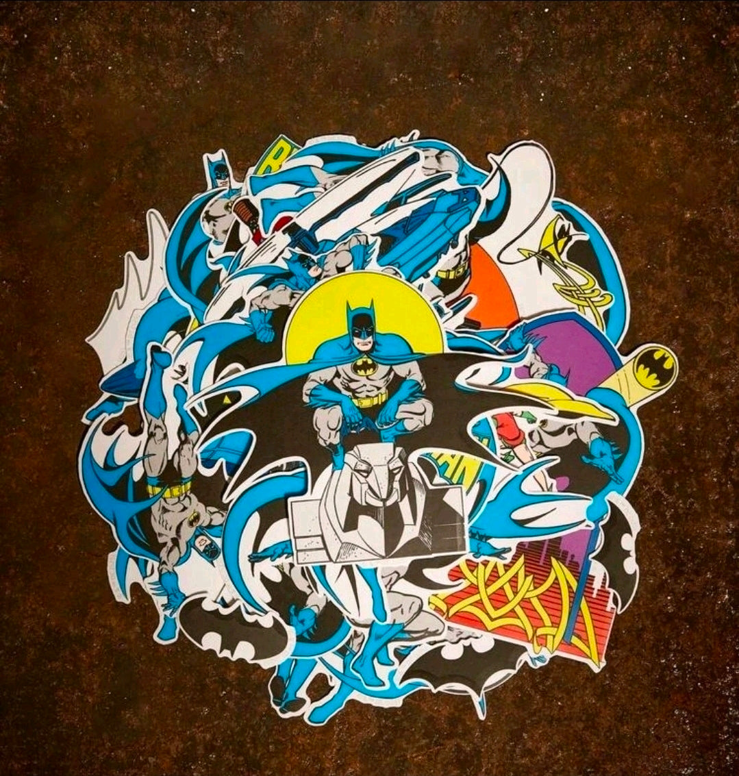 Batman collage of character decals and Batmobile with bat logos