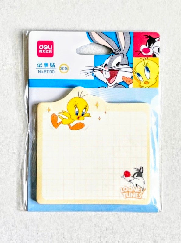 Sticky note pad with Bugs Bunny and Tweety cartoon characters, grid notes