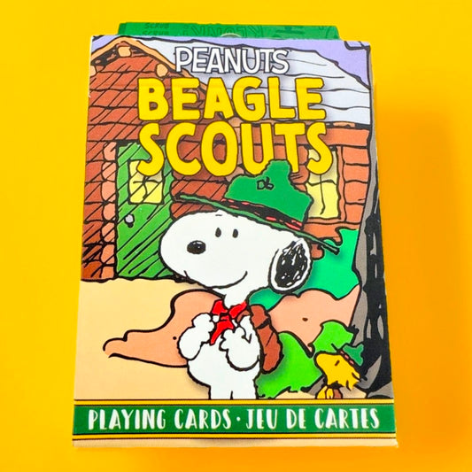 Beagle Scouts playing card deck box front with Snoopy in scout uniform illustration