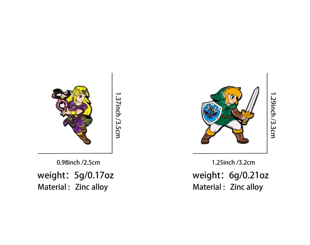 Two enamel character pins: Zelda in purple, Link with sword and blue shield