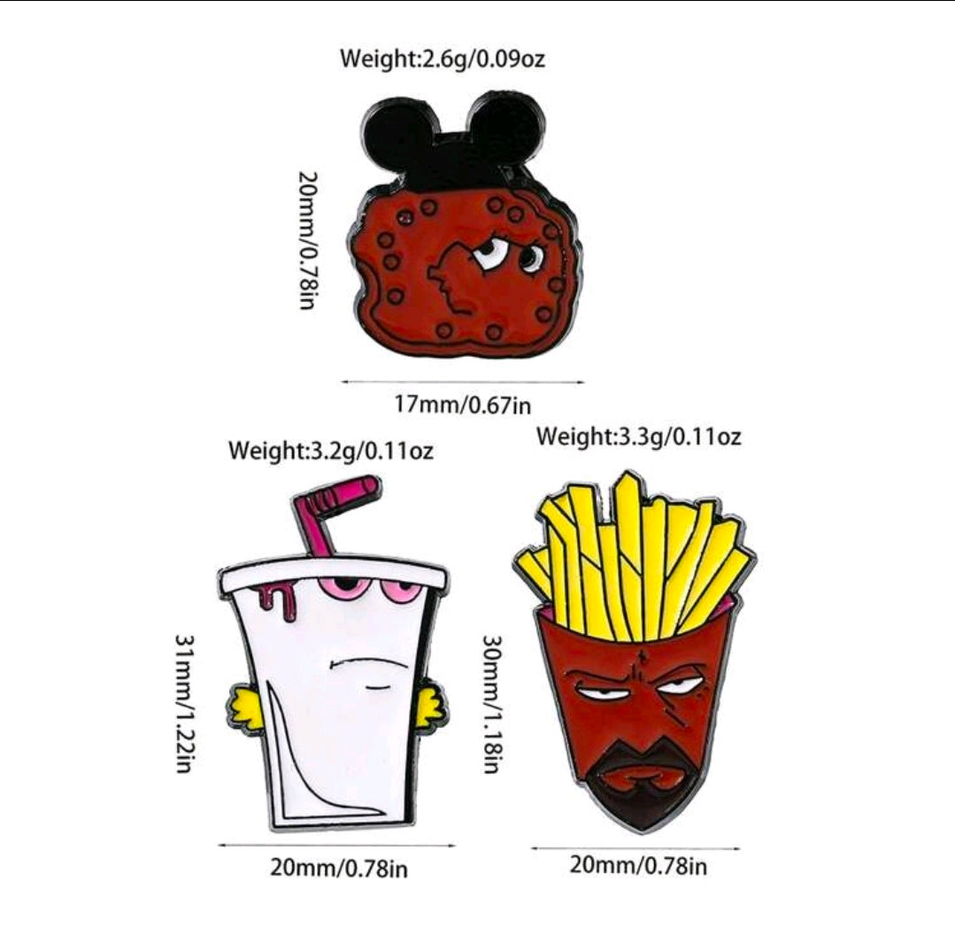 Enamel pin set: red character with black ears, white shake cup, fries-faced shield