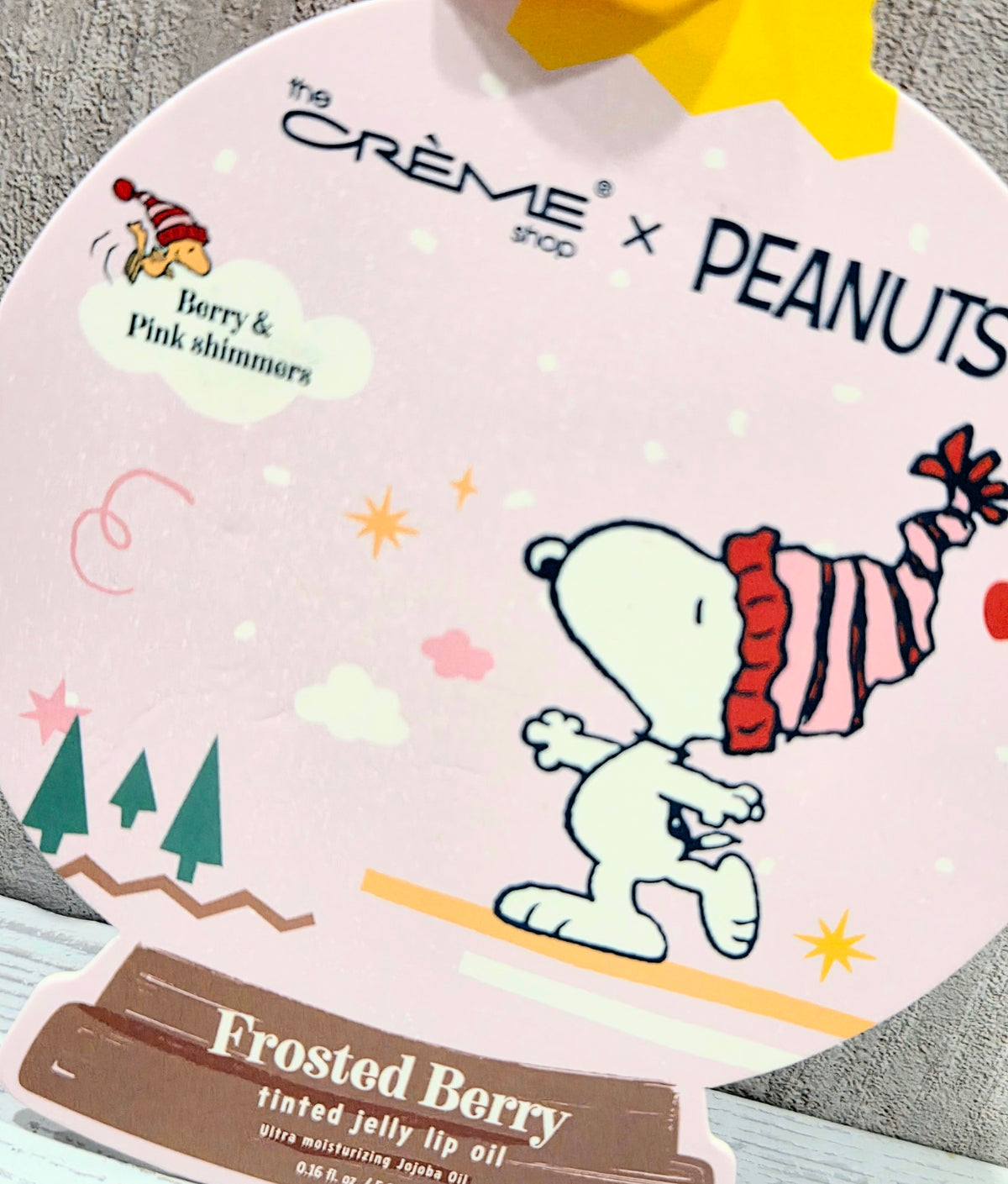 Tinted jelly lip oil box, Frosted Berry shade with Snoopy and pink glitter details