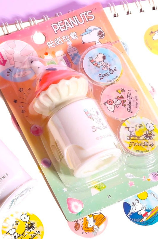 Snoopy sticker stamp roller set package with Stay Cool rollers and circular sticker designs