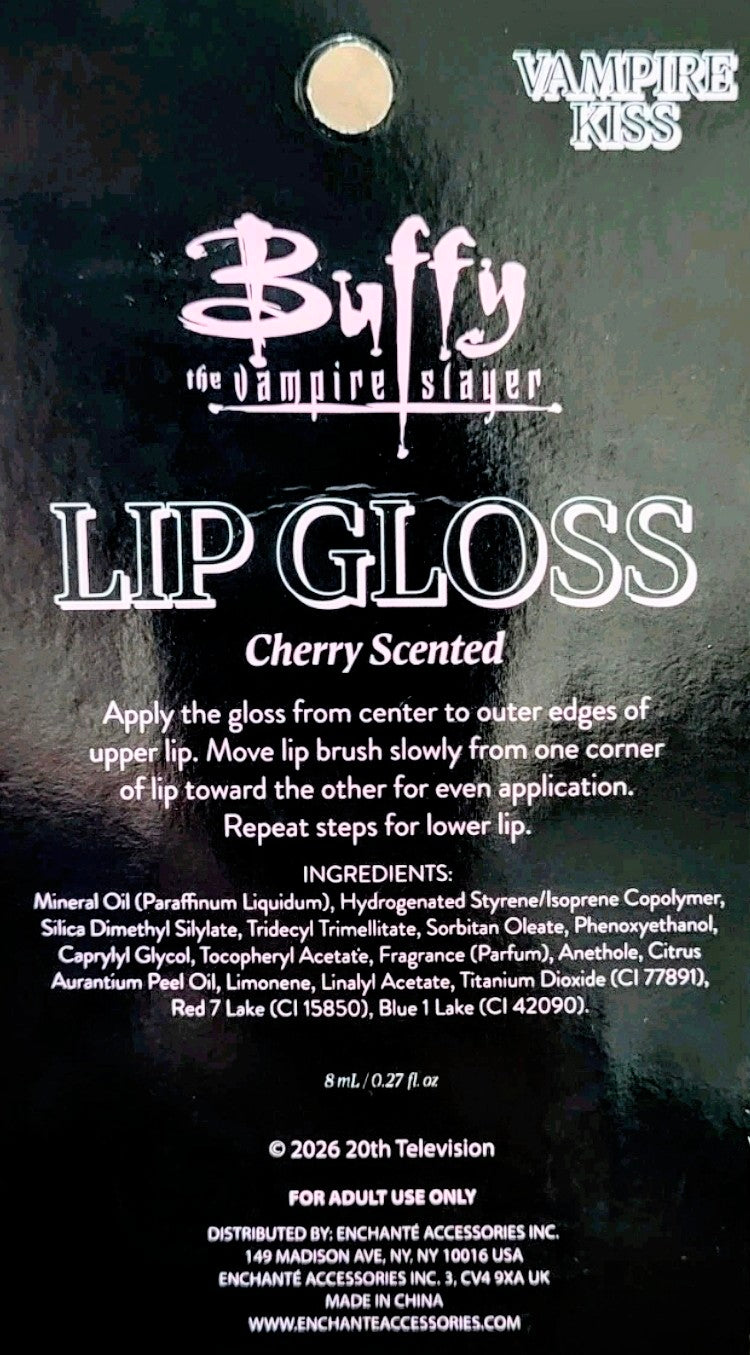 Lip gloss packaging with cherry-scented pink gloss bottle, Buffy themed card