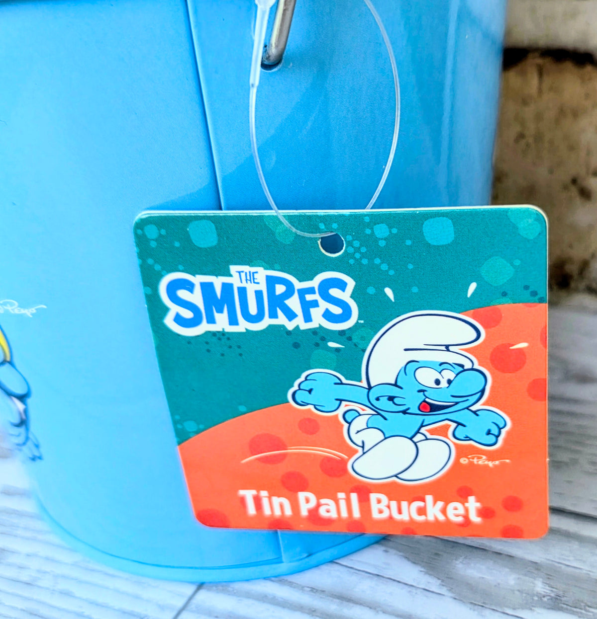 Blue tin bucket with cartoon character graphics and handle opening