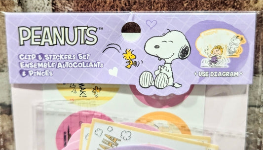 Stationery clip & sticker set header with Snoopy artwork and character icons