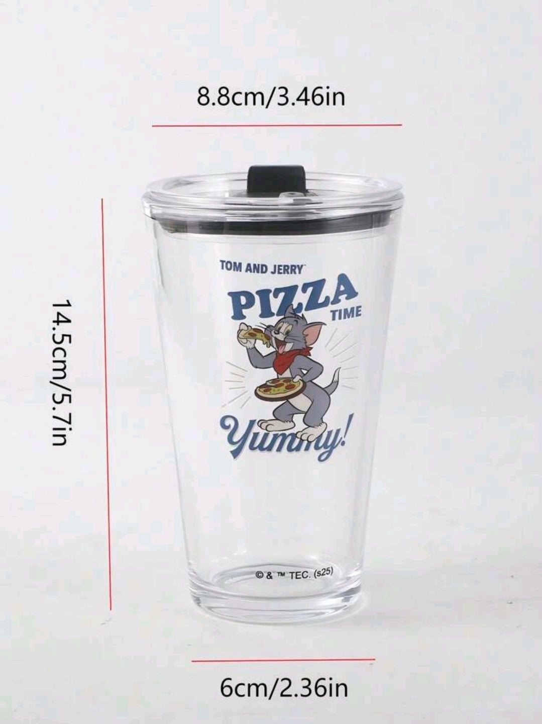 Clear glass tumbler with black lid and straw; Pizza Time character graphic