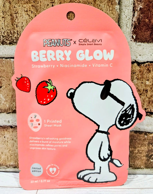 Berry Glow face sheet mask pouch in pink with Snoopy and strawberry graphics.