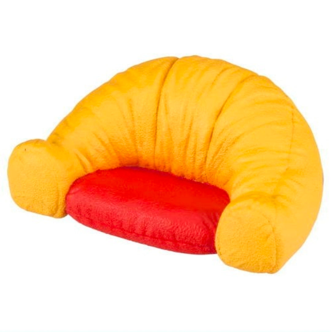Yellow plush cushioned sofa with red seat and rounded backrest cushion