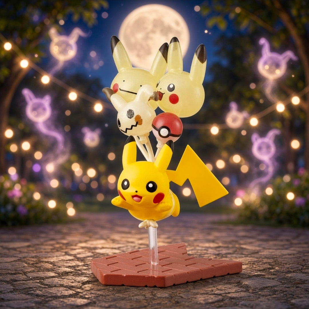 Stacked Pikachu mini figure with Pokeball-style accents on orange-brown brick base
