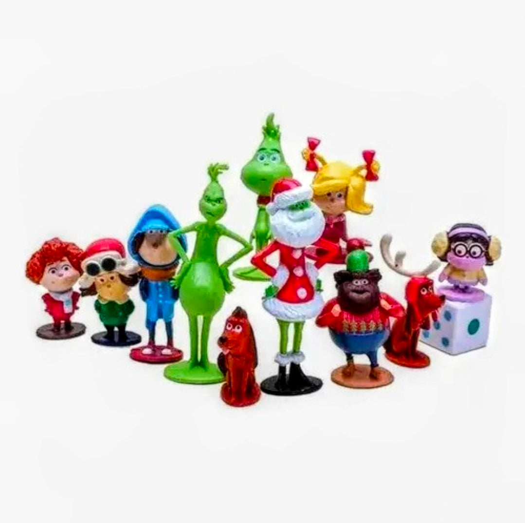 12-piece holiday figure set with Grinch and characters, assorted green, red, blue mini figurines