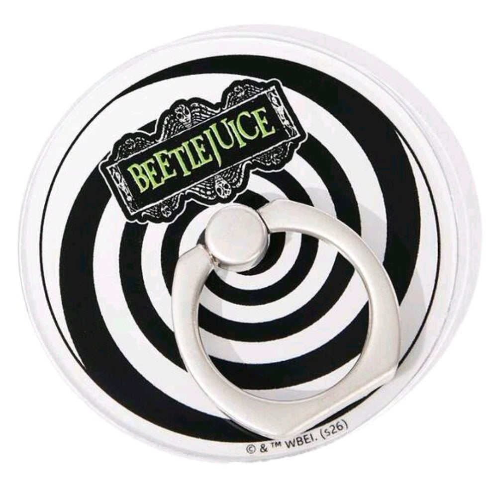 Metal stick-on phone ring grip with white-and-black hypnotic spiral pattern