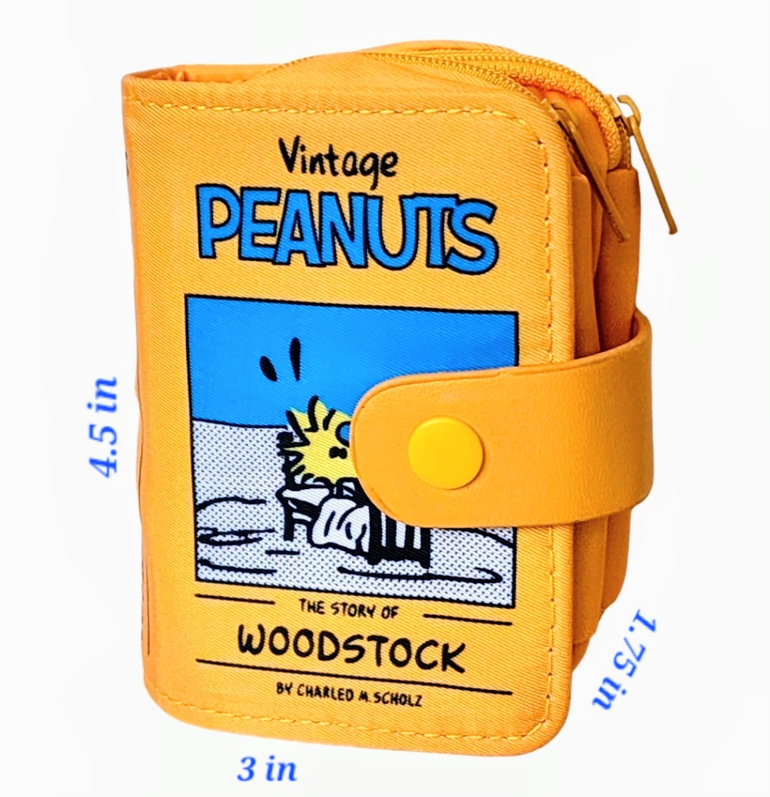 Peanuts Snoopy Woodstock vintage book multi-pouch, orange zippered wallet with front graphic
