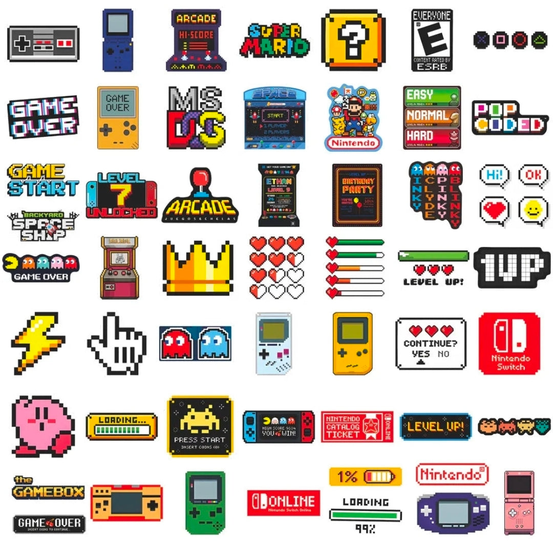 Retro Nintendo sticker vinyl pack of pixel game icons, hearts, power and level symbols