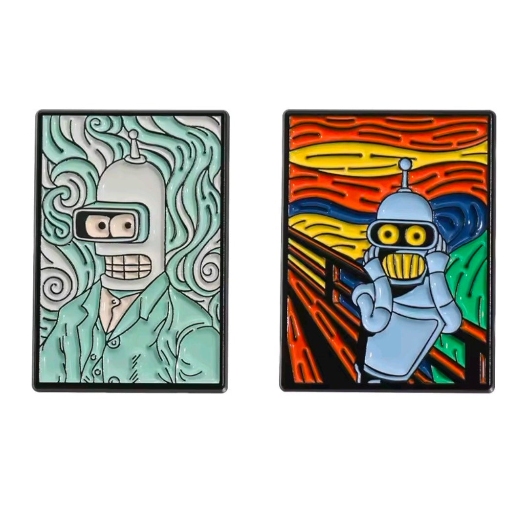 Square enamel pin with illustrated robot in teal, swirling background and suit