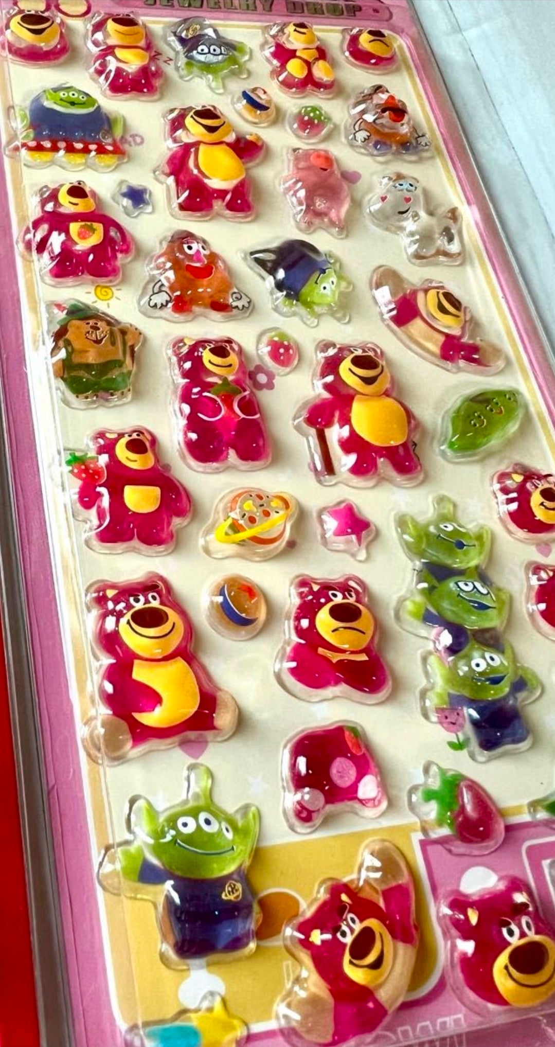 3D acrylic cartoon character sticker sheet with colorful bear and alien figures
