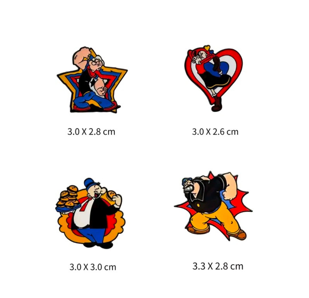 Four cartoon enamel lapel pins featuring Popeye, Brutus, Olive Oyl, and Wimpy.