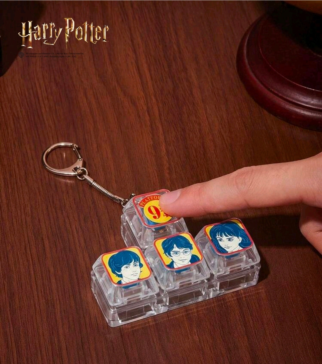 Platform 9 3/4 clicker fidget keychain with clear blocks, character faces, metal ring